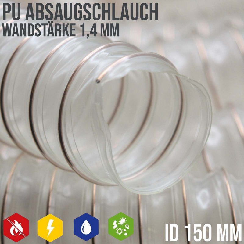 150 mm PU Saug Ansaug Druck Spiral Flex Staub Holz Metall Späne Schlauch Anlage - Wandstärke 1,4 mm - PN 0,77 bar