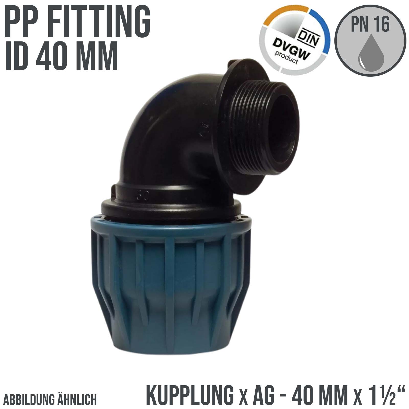 40 mm x 1 1/2" PE PP Fitting Klemm Verbinder Verschraubung Rohr Winkel 90° x AG DVGW - PN 16 bar 