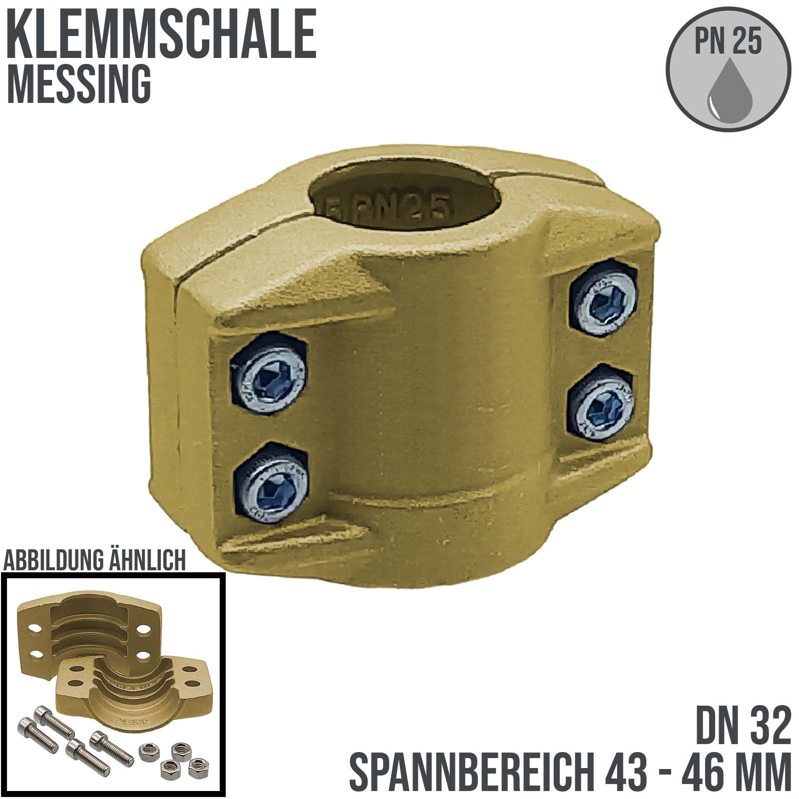 DN 32 Klemmschale Messing Spannbereich 43 - 46 mm für Schlauch ID x AD 32 x 44 mm - PN 25 bar