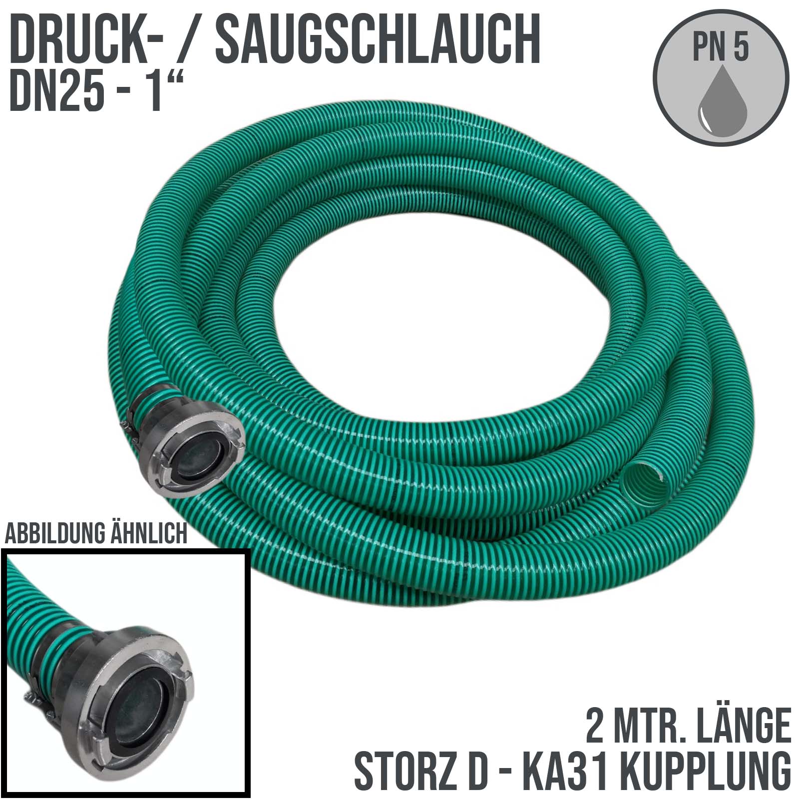 STORZ D DN25 KA31 einseitig - 25 mm 1" PVC Saug Ansaug Pumpen Spiral Schlauch PN 5 bar grün - 2 m Rolle