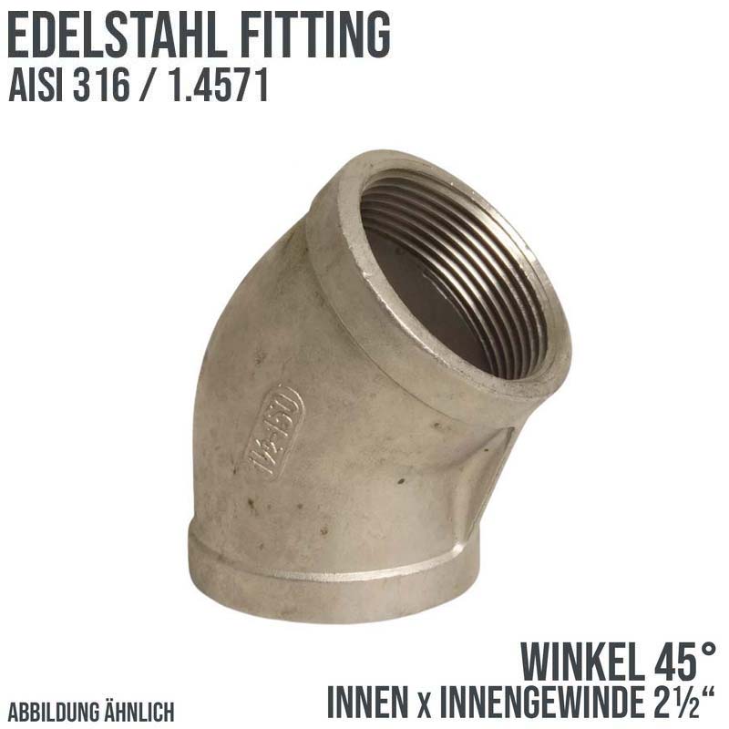 2 1/2" Edelstahl Fitting V4A AISI 316 Nr. 120 - Winkel 45° Innengewinde IG - PN 16 bar