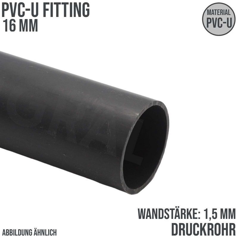 16 x 1,5 mm PVC Klebe Fitting Druck Kunststoff Rohr grau - 1 m Fixlänge - PN 20 bar