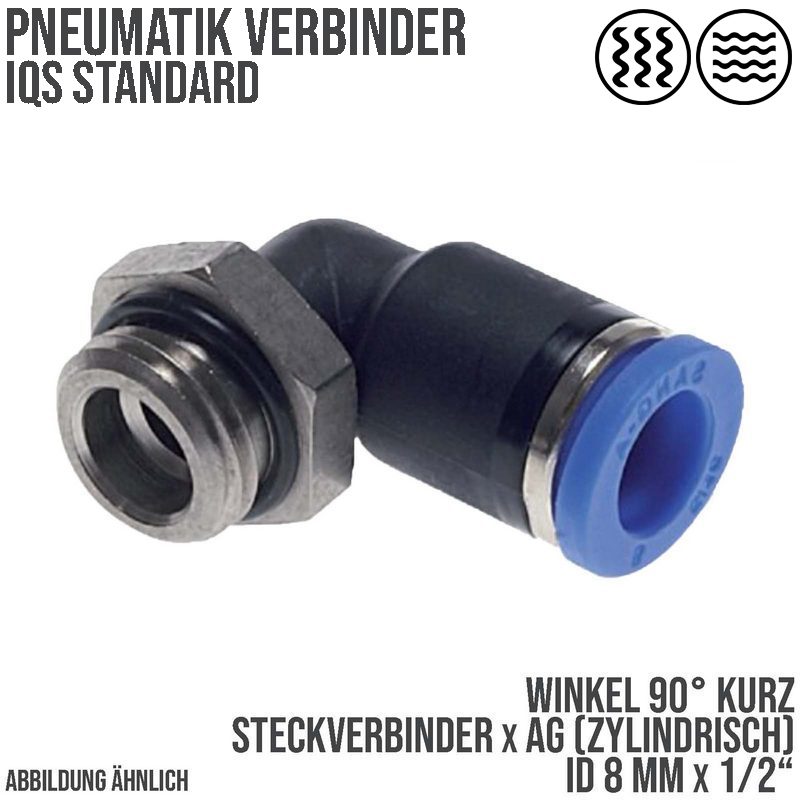 8 mm x 1/2" Pneumatik Steck Verbinder Winkel 90° kurz IQS Außengewinde zylindrisch - PN 20 bar
