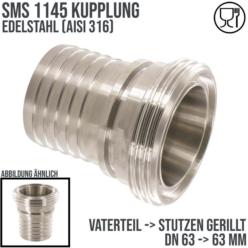 DN 63 SMS Kupplung 1145 Vaterteil VT Außengewinde Sicherungsbund - Stutzen gerillt 63 mm - PN 25 bar