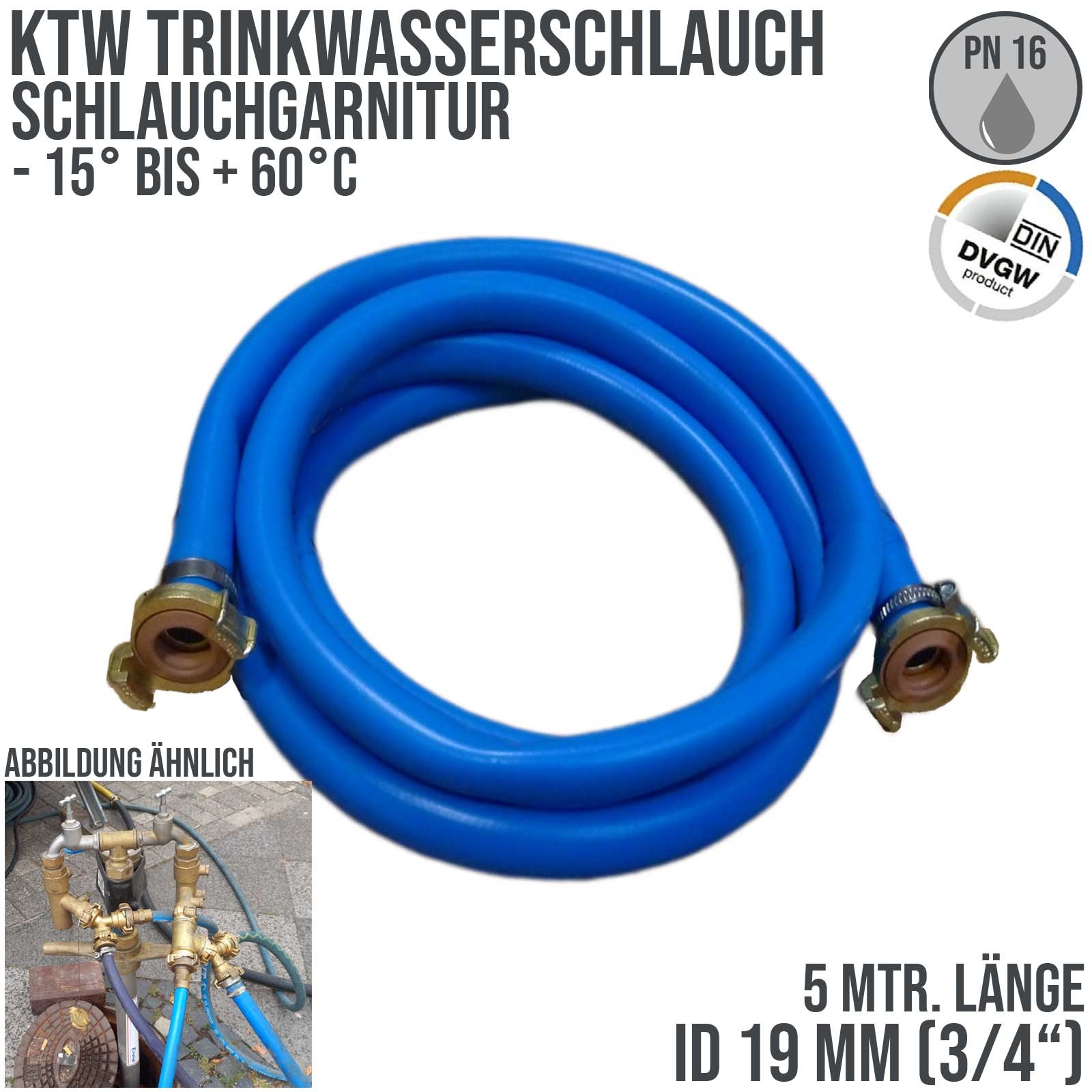 19 mm 3/4" Zoll TPE Trinkwasser Garnitur GEKA-Schnellkupplung Kirmes Schlauch KTW DVGW PN15 bar - 5 m