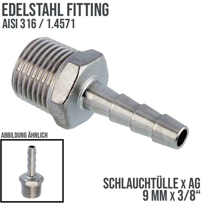 9 mm x 3/8" Zoll Schlauch Tülle Stutzen Außengewinde AG Nippel Edelstahl AISI 316 VA  Fitting - PN 20 bar