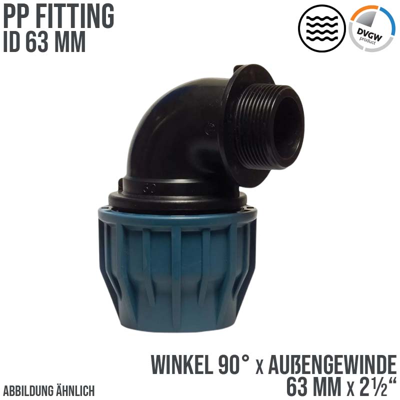 63 mm x 2 1/2" PE PP Fitting Klemm Verbinder Verschraubung Rohr Winkel 90° x AG DVGW - PN 16 bar