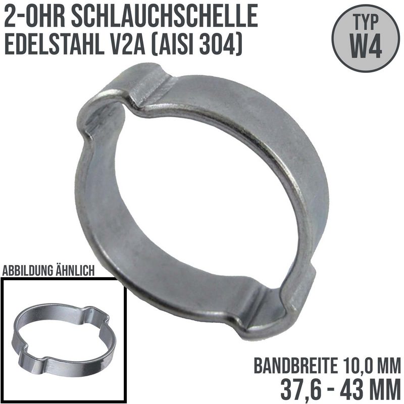 37,6 - 43 mm 2-Ohr Doppel Schlauch Schelle Edelstahl 1.4307 W4 - Bandbr. 10,0 mm