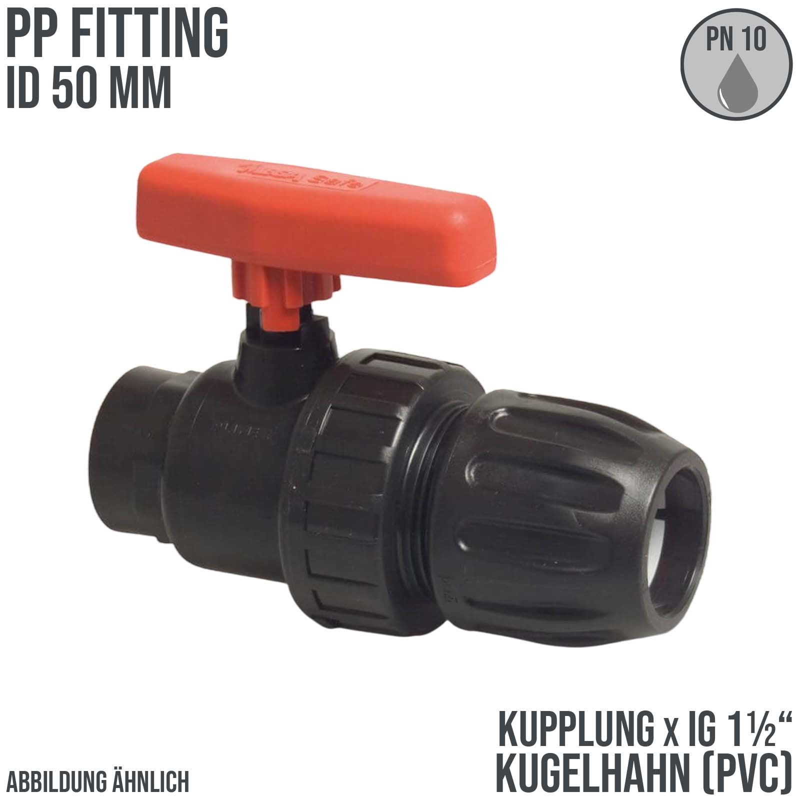 50 mm PE PP Kugelhahn Klemm Muffe Kupplung Innengewinde IG schwarz/rot - PN 10 bar