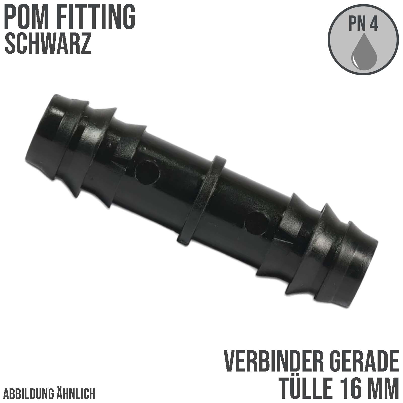 16 mm POM Schlauch Verbinder Stutzen Tülle Kupplung Tropf Fitting schwarz PN 4 bar