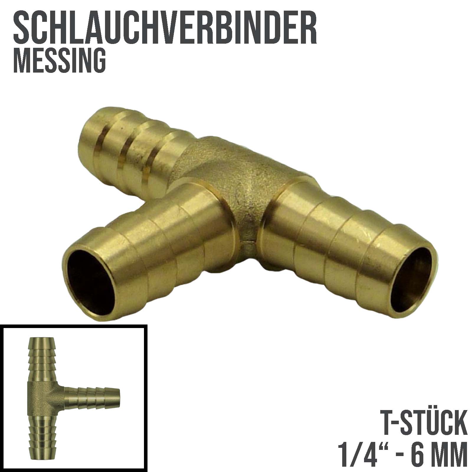 6 mm - 1/4" Zoll T-Stück Schlauch Verbinder Verteiler Tülle Kupplung Reparatur Messing PN 10 bar