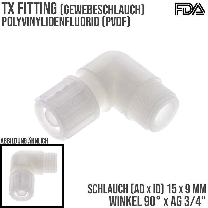 15 x 9 mm x 3/4" Winkel 90° Außengewinde TX Fitting Gewebe Schlauch Verbinder FDA PVDF weiß - PN 10 bar