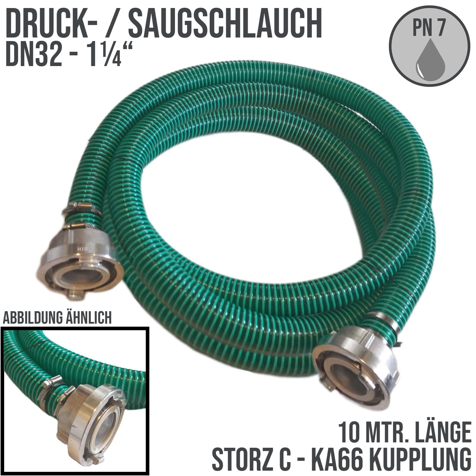 STORZ C DN52 KA66 - 32 mm 1 1/4" PVC Saug Ansaug Pumpen Spiral Schlauch PN 5 bar grün - 10 m Rolle