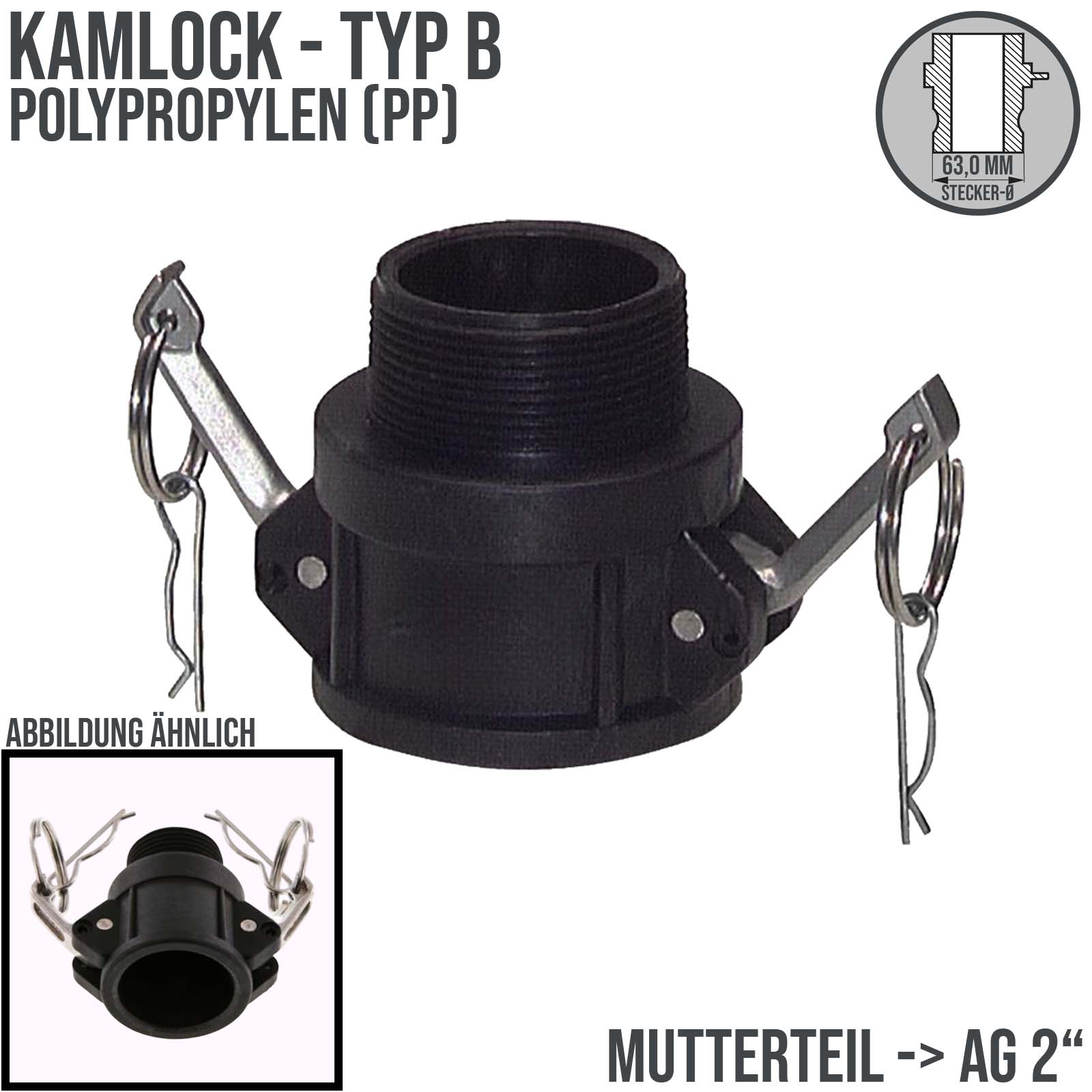 Kamlock Typ B - Mutterteil (63,0 mm) Polypropylen PP mit Außengewinde (AG) 2" Zoll DN50 - PN 6,5 bar