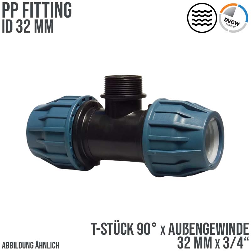 32 mm x 3/4" PE PP Fitting Klemm Verbinder Verschraubung Rohr T-Stück 90° x AG DVGW - PN 16 bar