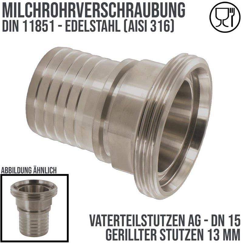 DN 20 Milchrohr Verschraubung DIN 11851 Vaterteil Stutzen VT Außengewinde RD Sicherungsbund - Stutzen gerillt 19 mm - PN 25 bar
