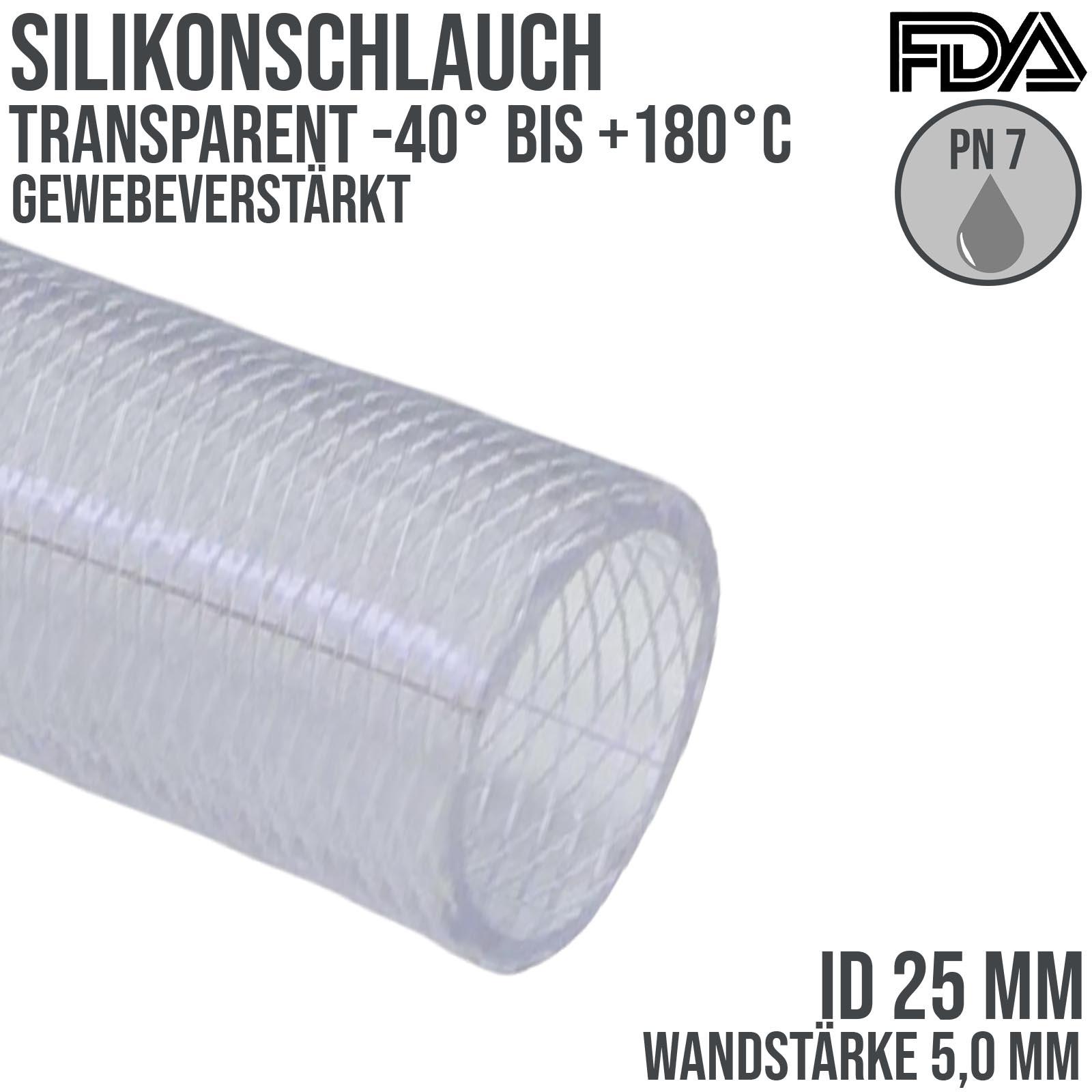 25 x 35 mm Silikon Silicon Schlauch Gewebe transparent lebensmittelecht FDA PN 7 bar