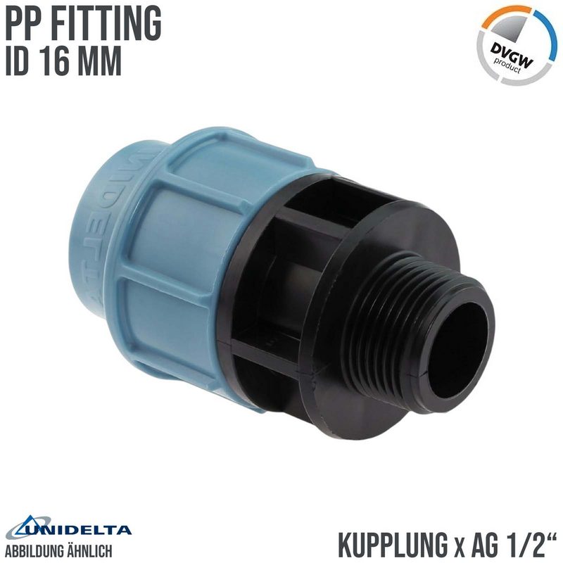 16 mm x 1/2" PE PP Fitting Klemm Verbinder Verschraubung Muffe Rohr Kupplung x AG DVGW - Unidelta