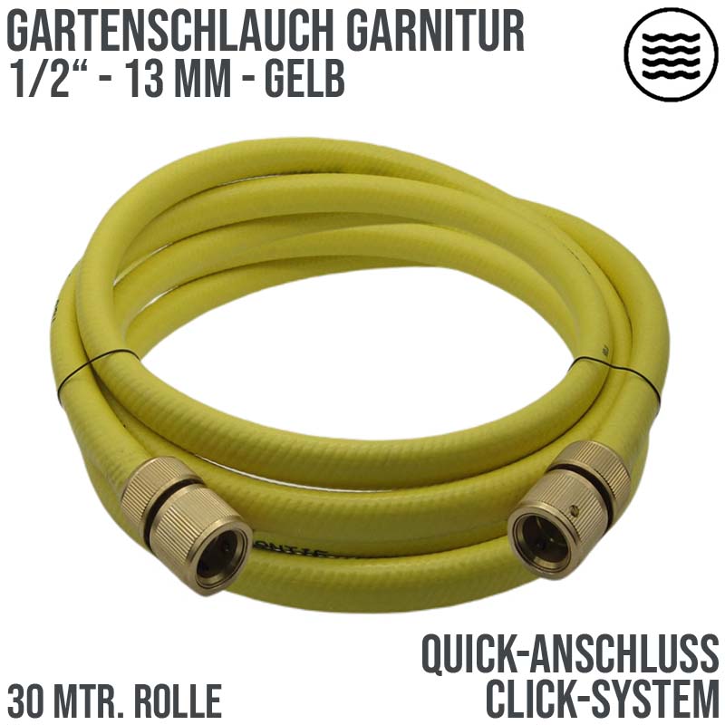 1/2" 13 mm Garten Wasser Schlauch Garnitur gelb Quick-Anschluss (Click-System) 3 Lagen - PN 8 bar - 30 m