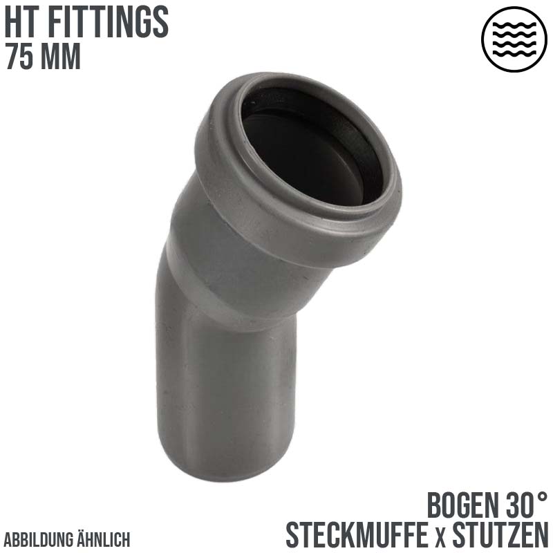 75 mm PP Bogen 30° Abzweig Abfluß Abwasser HT KG Rohr Steckmuffe x Stutzen grau
