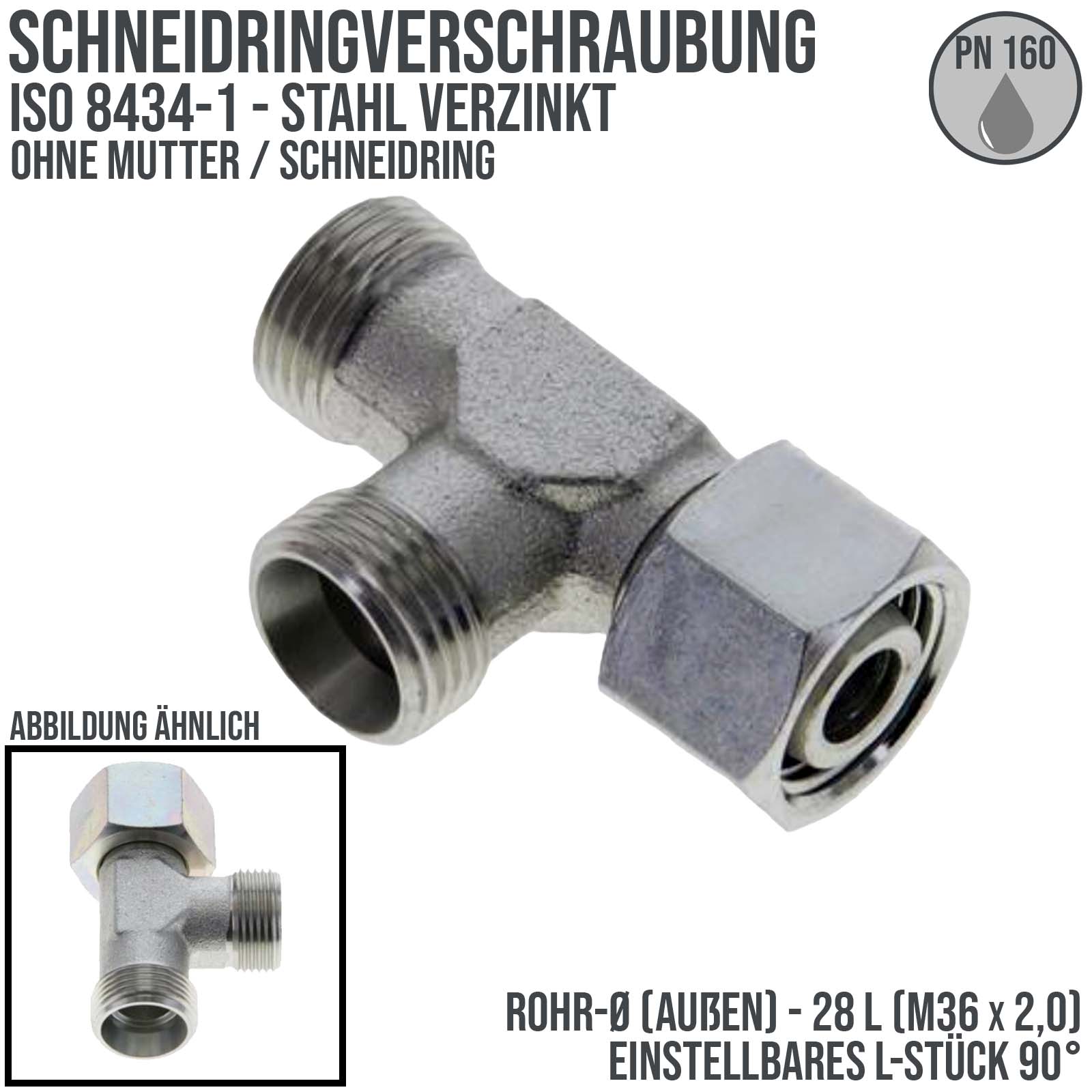 28 L Schneidring Verschraubung einstellbares L-Stück 90° M 36 x 2,0 AG x IG ohne Mutter / Schneidring - PN 160 bar