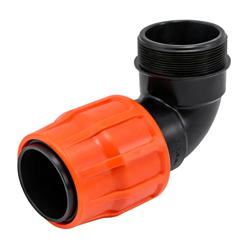 63 mm x 2 1/2" PE PP Fitting Layflat Klemm Verbinder Winkel 90° x Außengewinde AG Flach Schlauch - PN 10 bar