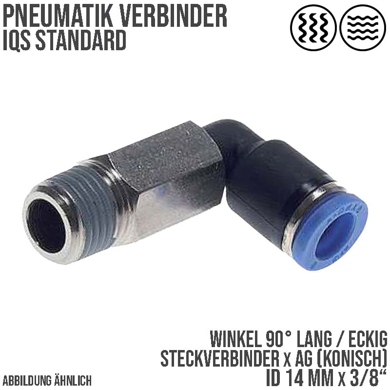 14 mm x 3/8" Pneumatik Steck Verbinder Winkel 90° lang IQS Außengewinde konisch - PN 20 bar