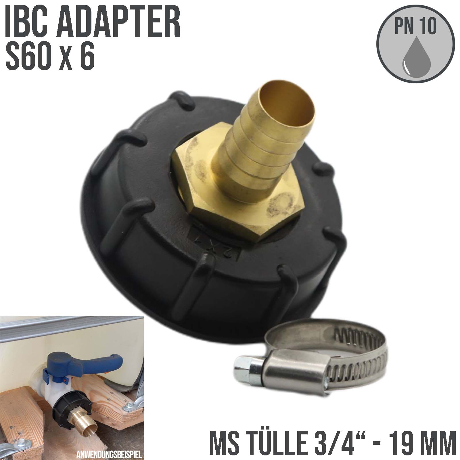 S60 x 6 IBC Adapter auf MS-Tülle 3/4" Zoll 19 mm Container Tank Zubehör