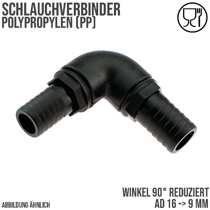 16 x 9 mm Winkel 90° PP Schlauch Verbinder 2-fach Stutzen Tülle Pool Teich Garten schwarz - PN 6 bar