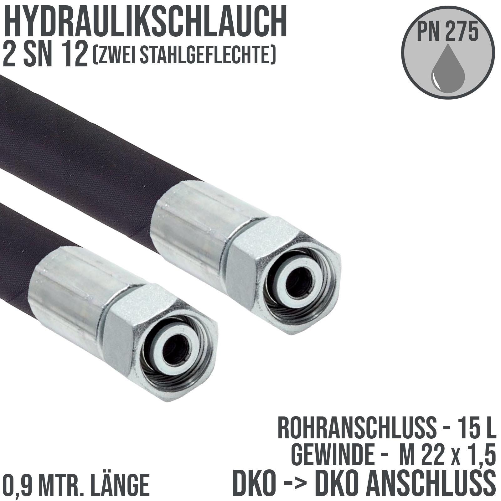 Hydraulikschlauch DN 12 2SN12 - 15 L DKO auf DKO Anschluss IG (M 22 x 1,5) - 900 mm