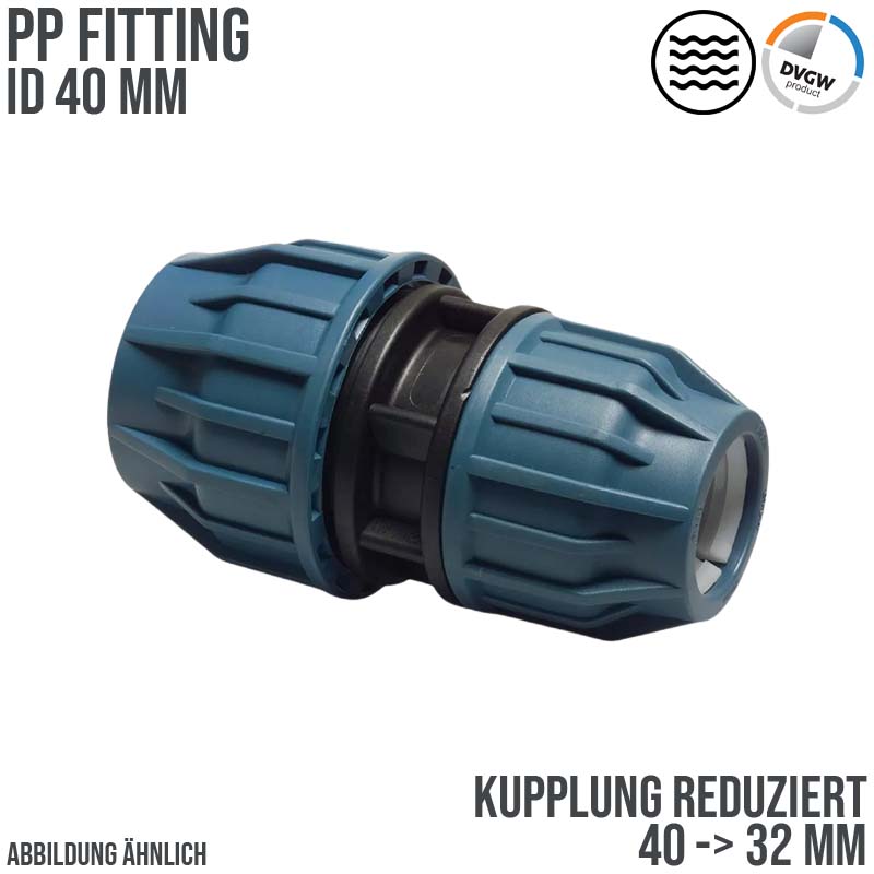 40 x 32 mm PE PP Fitting Klemm Verbinder reduziert Verschraubung Muffe Kupplung DVGW - PN 16 bar