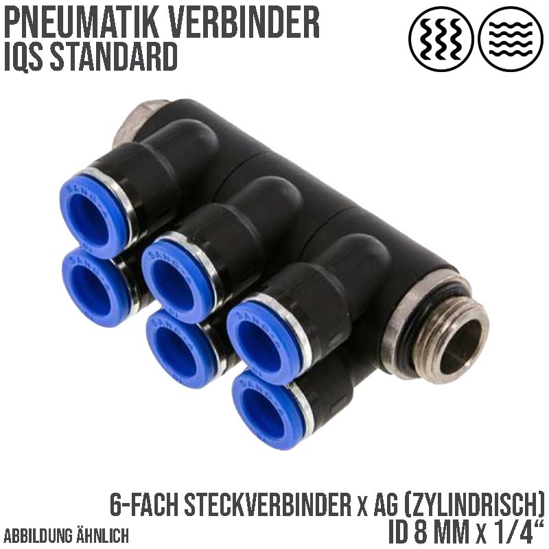 8 mm x 1/4" Pneumatik Steck Verbinder 6-fach Verteiler IQS Außengewinde zylindrisch - PN 20 bar
