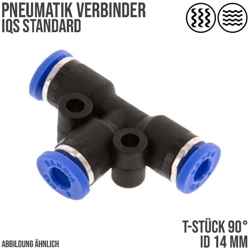 14 mm Pneumatik Steck Verbinder IQS T-Stück 90° blau/schwarz PA PU Schlauch - PN 20 bar
