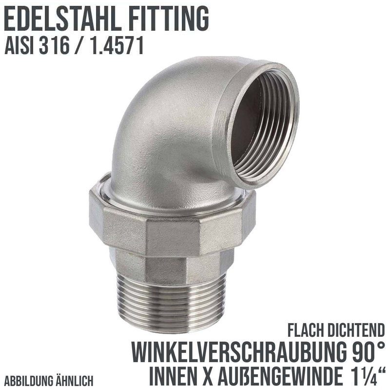 1 1/4" Edelstahl Fitting V4A AISI 316 Winkelverschraubung 90° Innen x Außengewinde IG x AG flach dichtend - PN 16 bar