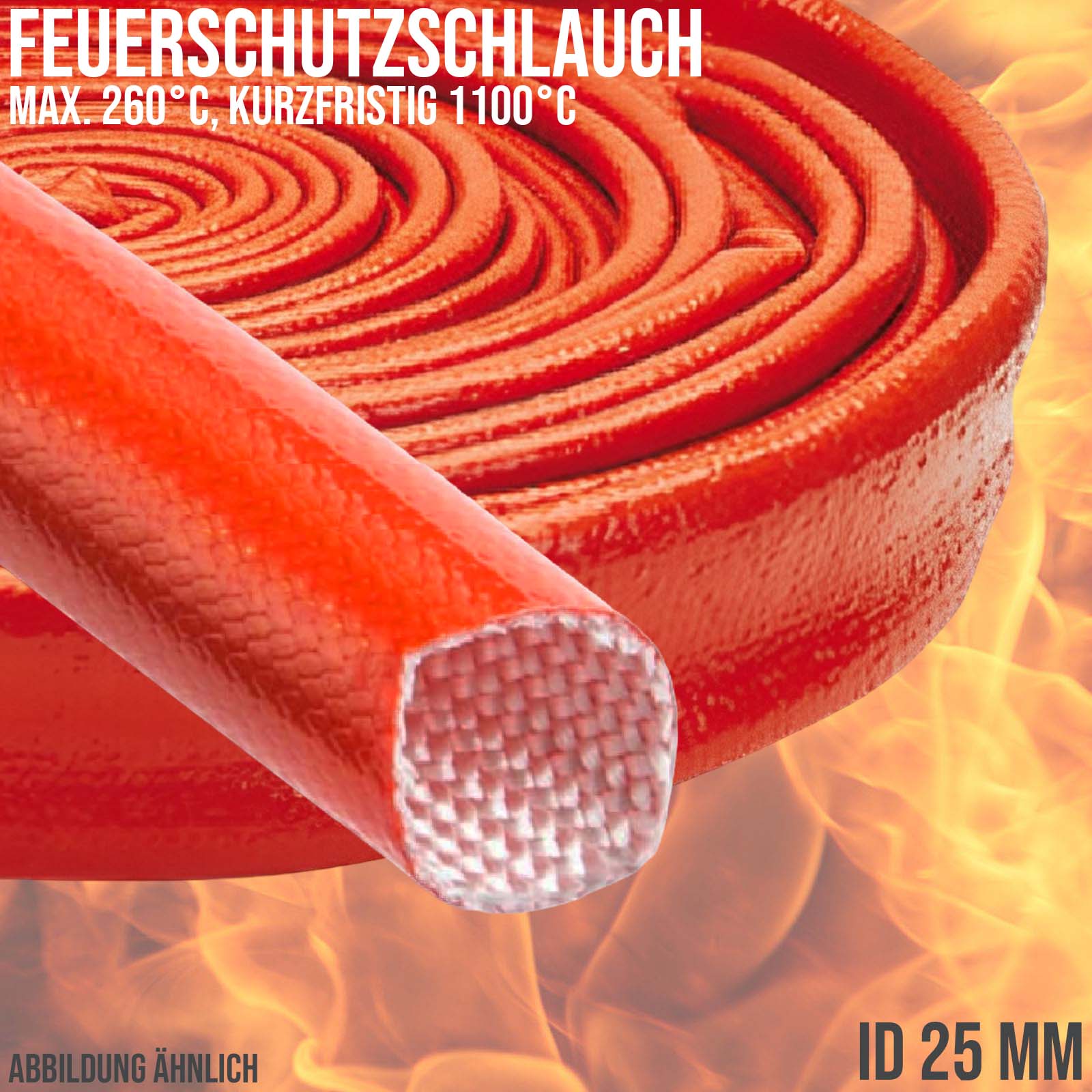 25 x 2,6 mm Feuer Flamm Brand Schutz Schlauch Silikon Fiberglas DN rot EN 45545 DIN5510-2