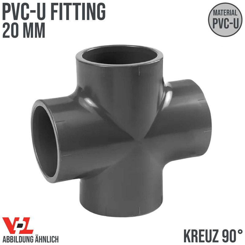 20 mm VDL PVC Klebe Fitting Kreuz Stück 90° Winkel Muffe Verbinder - PN 16 bar