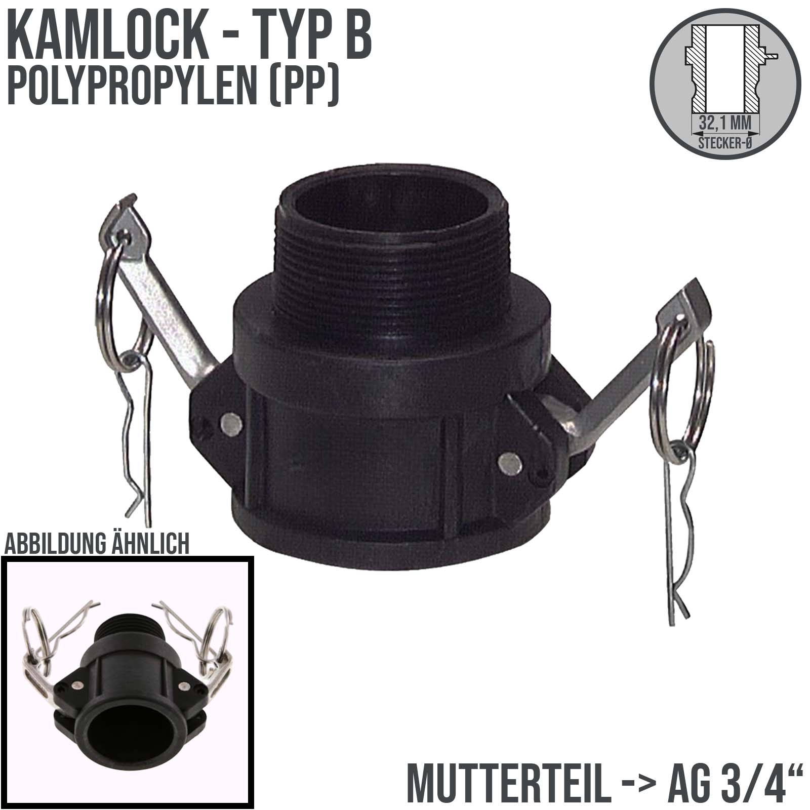 Kamlock Typ B - Mutterteil (32,1 mm) Polypropylen PP mit Außengewinde (AG) 3/4" Zoll DN19 DN20  - PN 8,5 bar