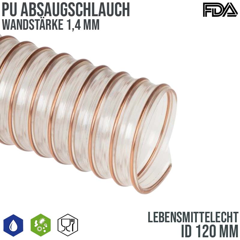 120 mm PU Saug Ansaug Druck Spiral Flex FDA Lebensmittel Schlauch - Wandstärke 1,4 mm - PN 0,55 bar