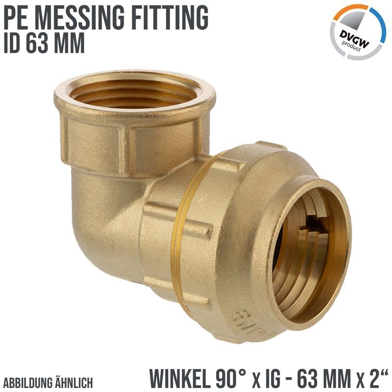 63 mm x 2" PE Fitting Klemm Verbinder Messing Verschraubung Muffe Winkel 90° x IG DVGW - PN 16 bar