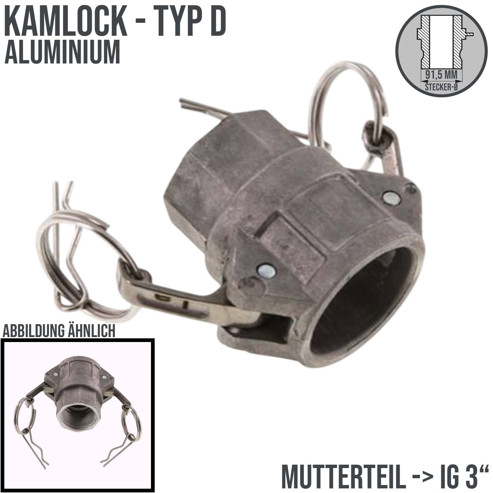 Kamlock Typ D - Mutterteil Aluminium ALU mit Innengewinde (IG) für Stecker 91,5 mm - 3" Zoll DN63 DN65 - PN 8,5 bar