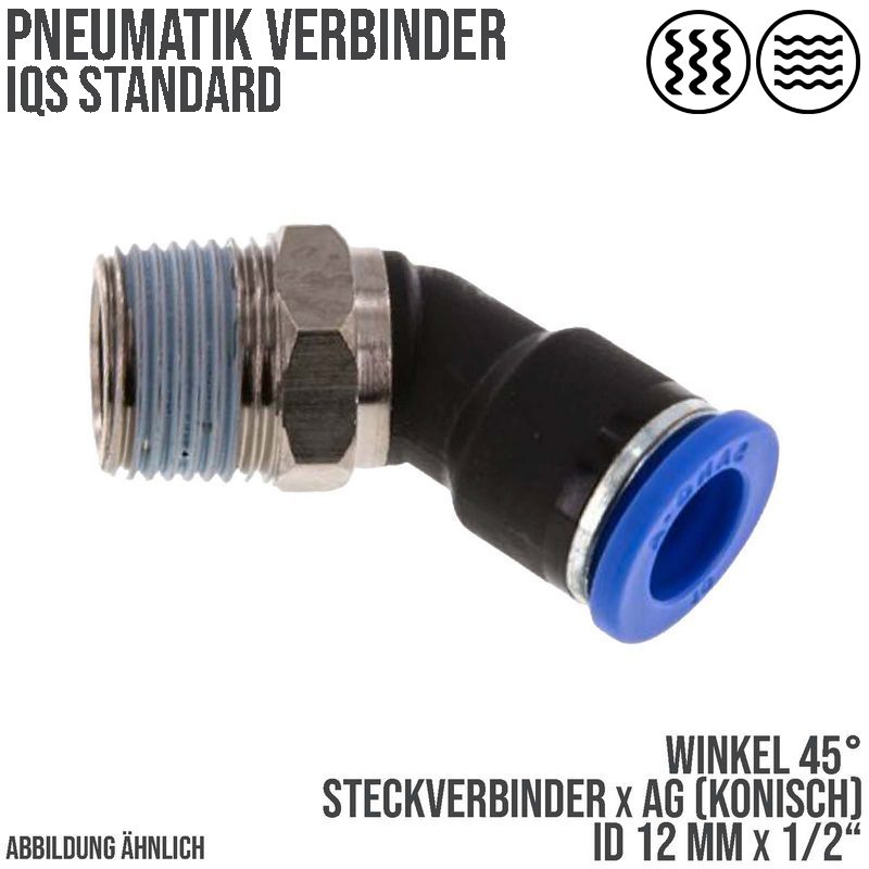 12 mm x 1/2" Pneumatik Steck Verbinder Winkel 45° IQS Außengewinde konisch - PN 20 bar