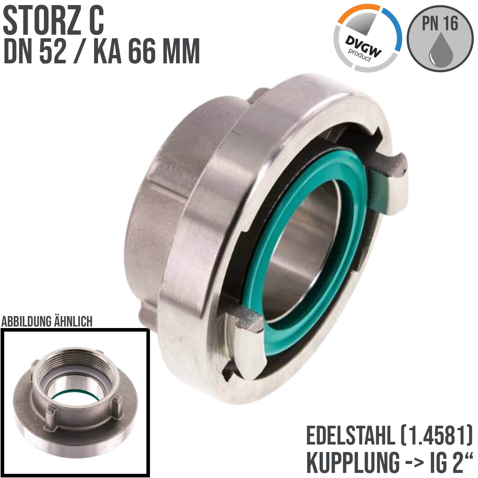 STORZ C DN 52 KA 66 V4A Kupplung mit Innengewinde (IG) 2" Saug Bau Feuerwehr Schlauch Edelstahl FKM - PN 16 bar