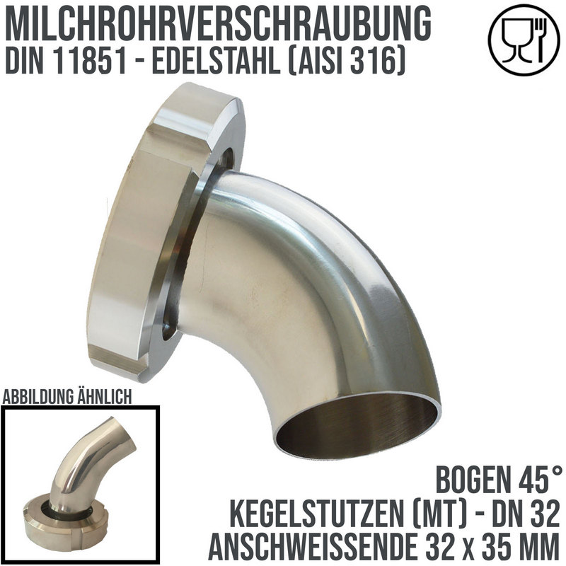 DN 32 Milchrohr Verschraubung DIN 11851 Mutterteil 45° Bogen Kegel Stutzen ÜWM Anschweißende ID x AD 32 x 35 mm - PN 25 bar