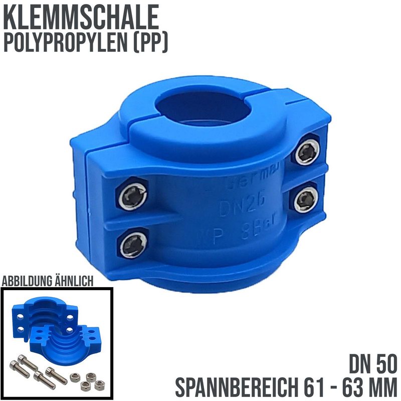 DN 50 Klemmschale Polypropylen PP blau Spannbereich 61 - 63 mm für Schlauch ID x AD 50 x 62 mm - PN 8 bar