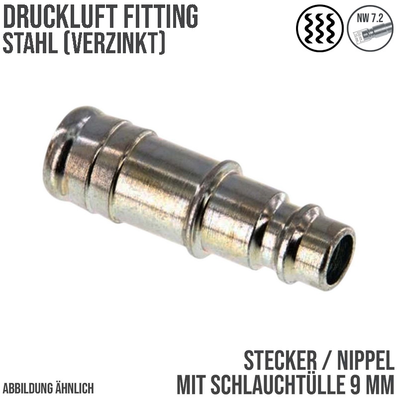 9 mm Druckluft Stecker Nippel Einsteck Schlauch Tülle Stahl verzinkt NW 7,2 LW - PN 35 bar