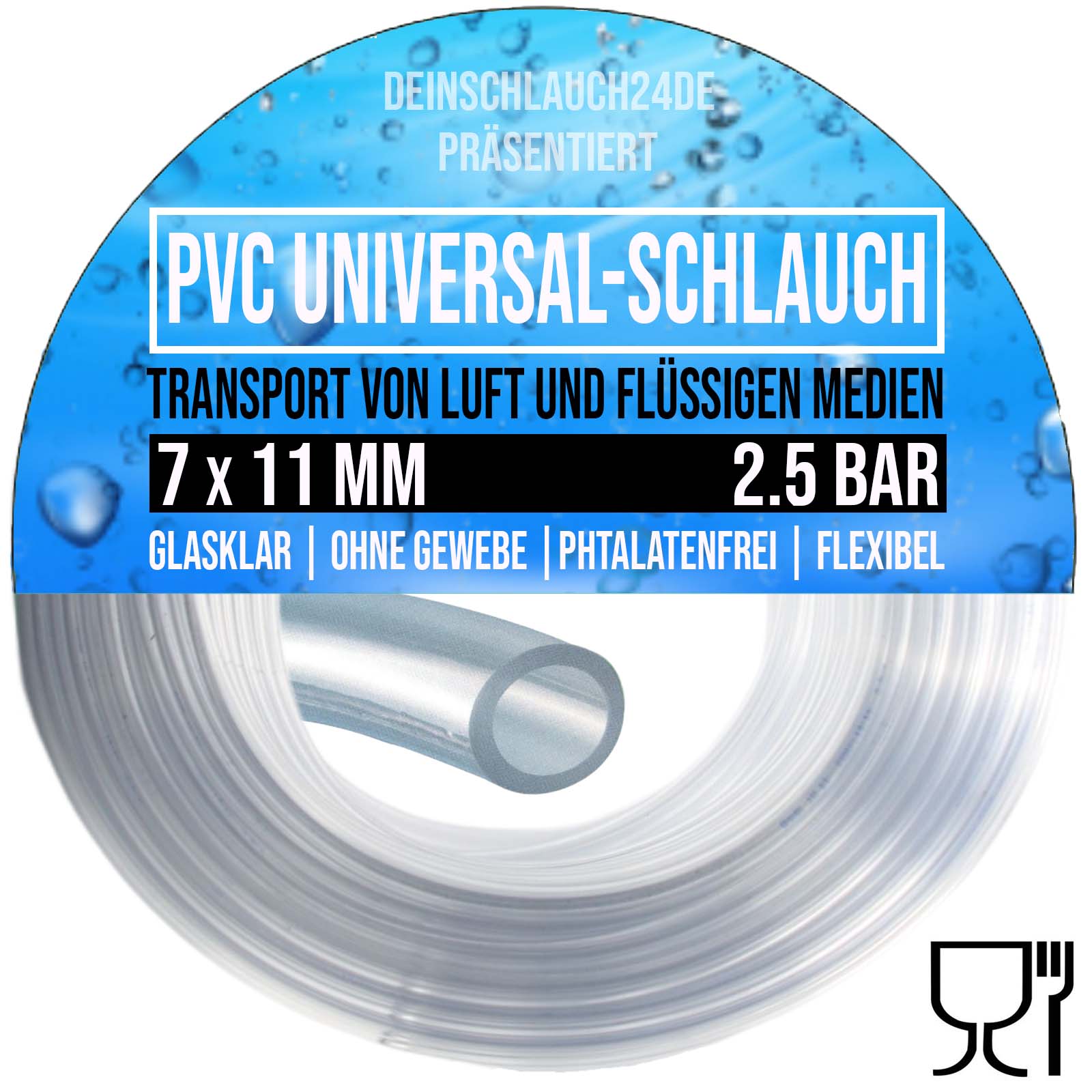 7 x 11 mm PVC Luft Filter Wasser Universal Labor Aquarium Terrarium Schlauch klar durchsichtig - PN 2,5 bar