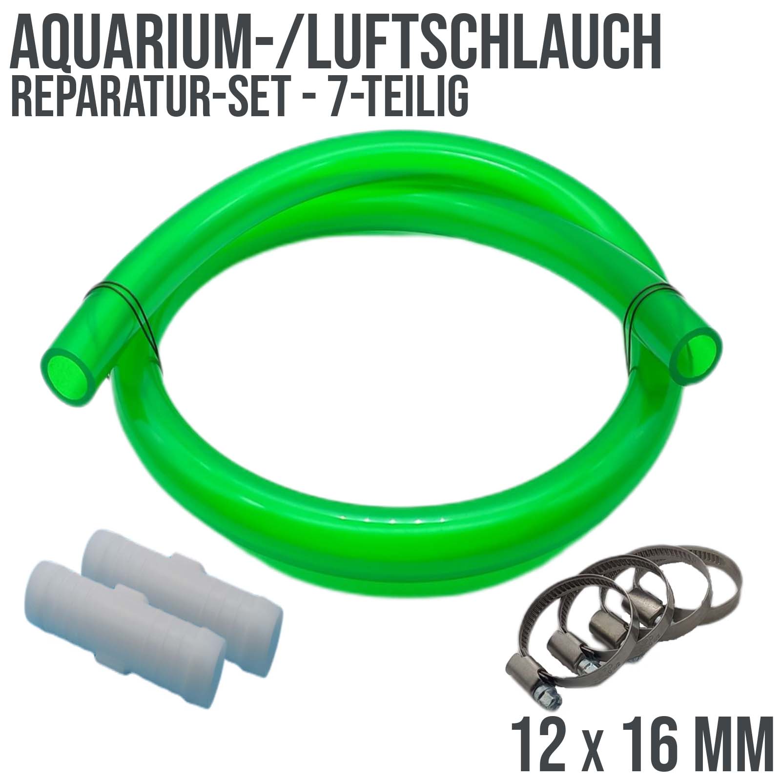 Schlauch Reparatur Set PVC Luft- / Auariumschlauch grün-transparent Verlängerung 12 x 16 mm - 7-teilig