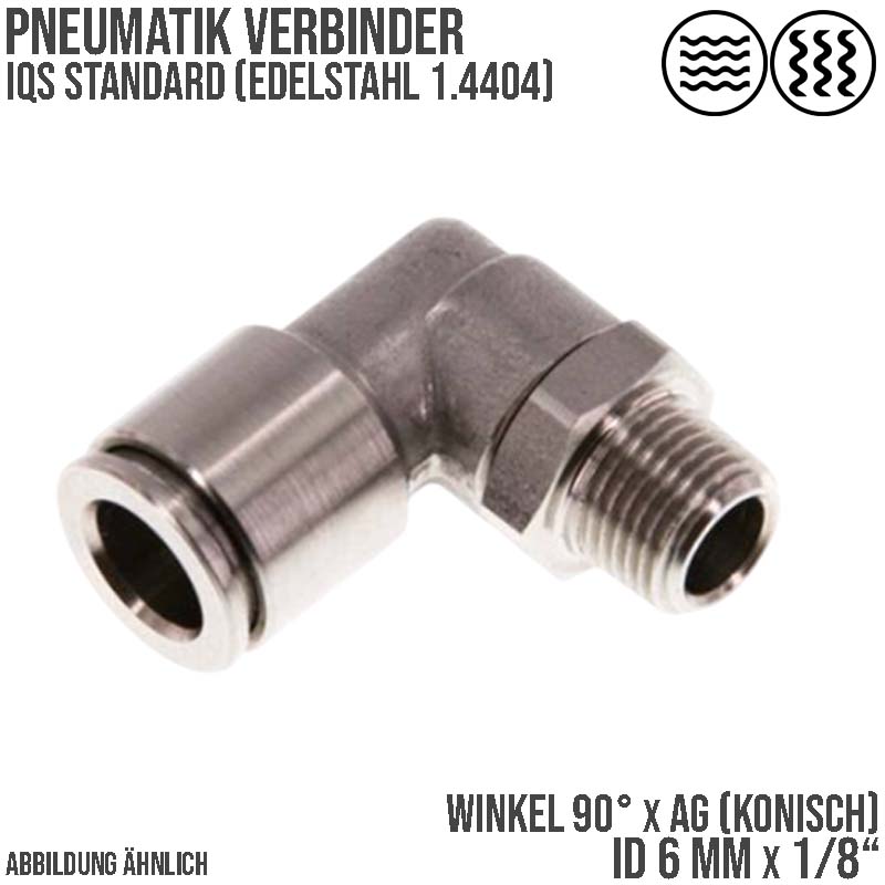 6 mm x 1/8" Pneumatik Steck Verbinder Winkel 90° eckig IQS Edelstahl VA 1.4404 Außengewinde konisch - PN 15 bar