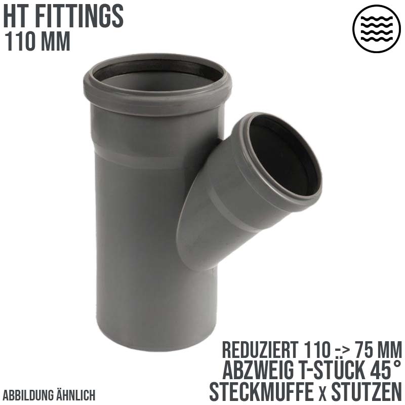 110 x 75 mm PP T-Stück 45° Abzweig Abfluß Abwasser HT KG Rohr Steckmuffe x Stutzen grau
