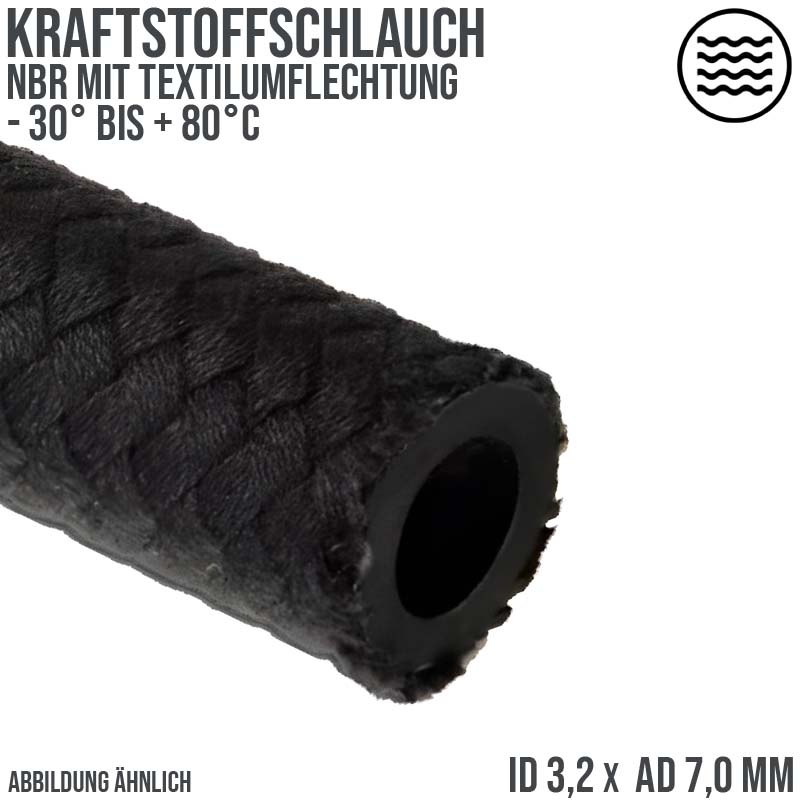 3,2 x 7,0 mm Kraftstoff Benzin Öl Schlauch Textilgeflecht NBR schwarz DIN 73379 - PN 7 bar